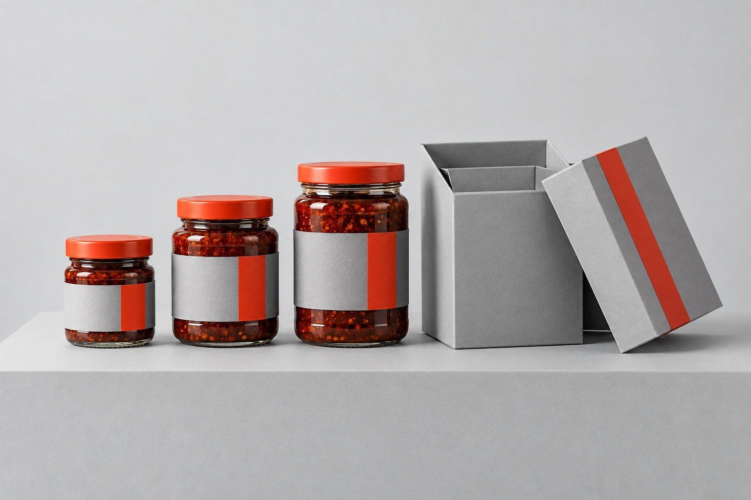 Three sizes of sambal jars with red lids beside a folded gift box