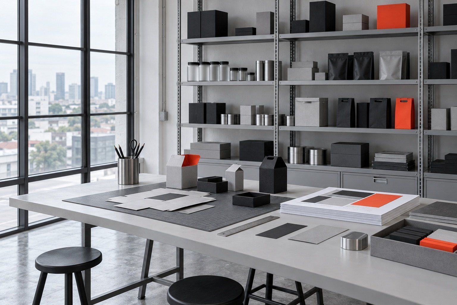 The studio: a long table with cutting mats, folded carton mock-ups and steel shelves of printed samples, nobody in frame